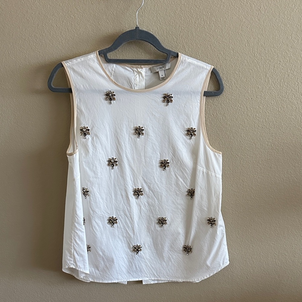 J. Crew White Embellished Sleeveless Shell silk trim finish